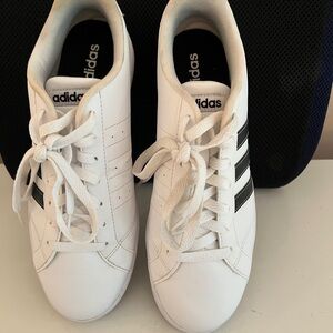 Adidas White Sneakers with Black Stripes